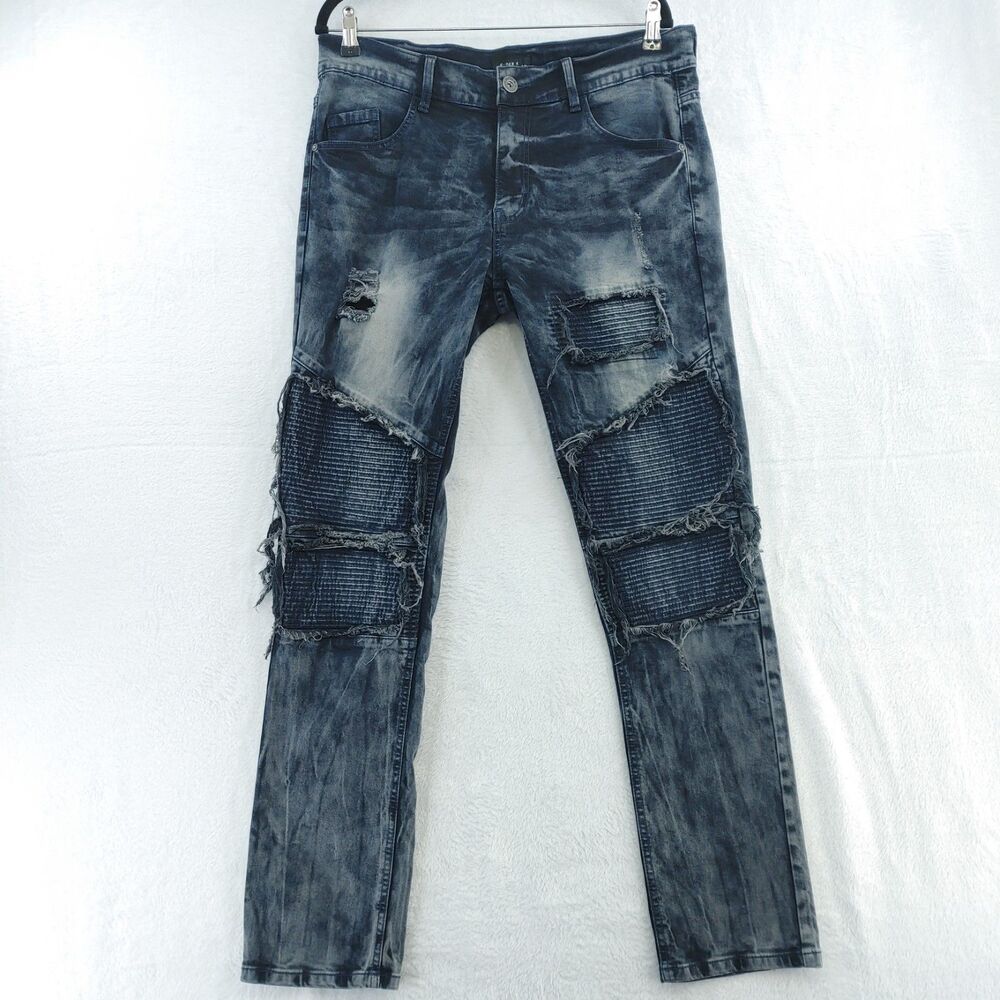 Kayden K Men's Distressed Moto Slim Biker Jeans Black Wash Size 34